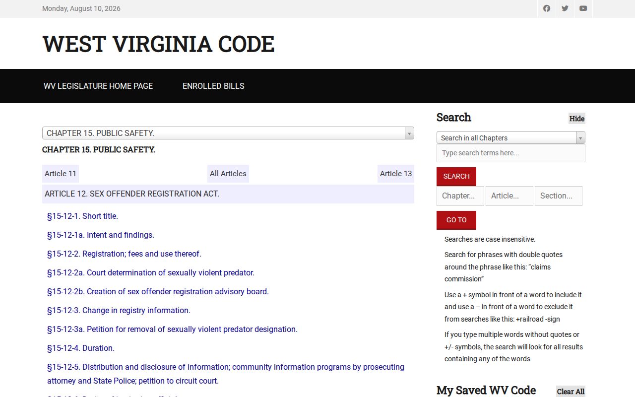 West Virginia sex offender registration statute for McDowell County registry duties